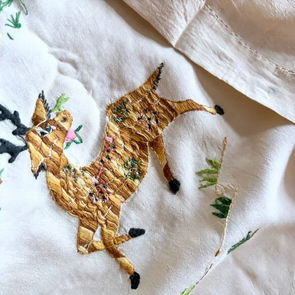 Hand Embroidered Deer & Crochet Silk Bedcover Bedspread 58 x 81